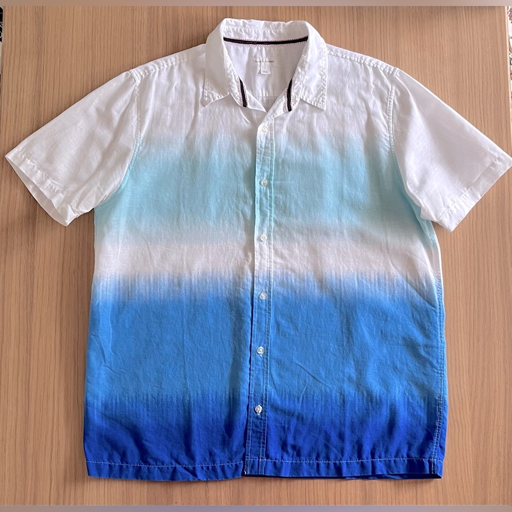 Sun+ Stone, Men’s short sleeve ombré, dip-dyed effect linen blend shirt, size L